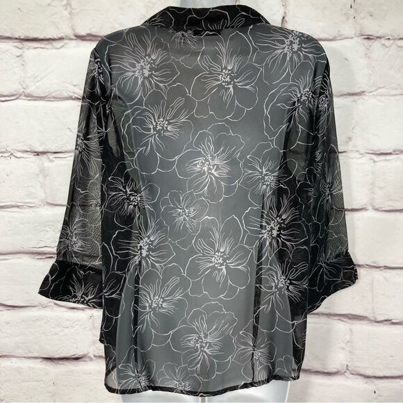 Rebecca Malone Blouse SZ PL Sheer Black and White Floral Lightweight Flowy Fit - Picture 2 of 12
